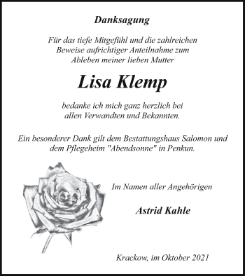 Traueranzeige von Lisa Klemp von Pasewalker Zeitung