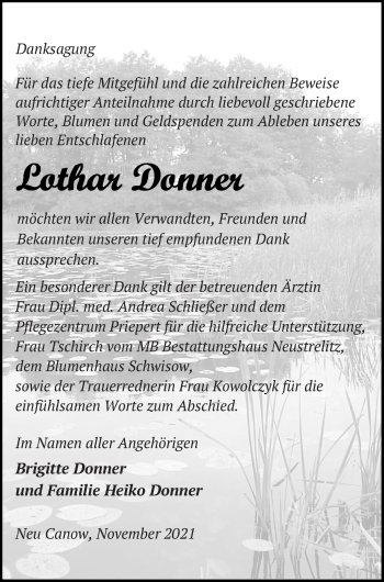 Traueranzeige von Lothar Donner von Strelitzer Zeitung