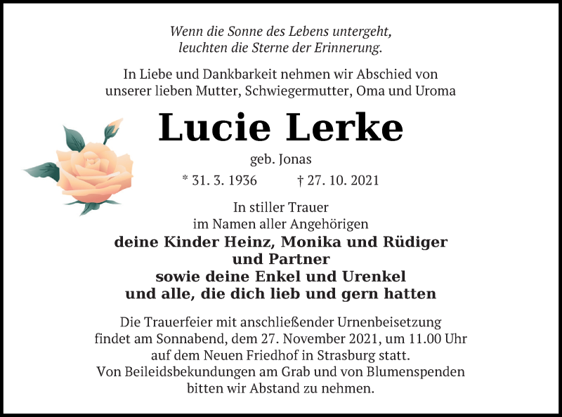  Traueranzeige für Lucie Lerke vom 12.11.2021 aus Pasewalker Zeitung