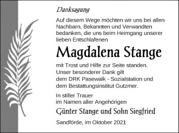 Traueranzeige von Magdalena Stange von Pasewalker Zeitung