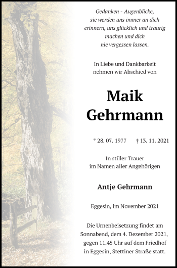 Traueranzeige von Maik Gehrmann von Haff-Zeitung