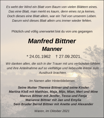 Traueranzeige von Manfred Bittner von Müritz-Zeitung