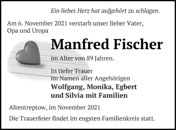 Traueranzeige von Manfred Fischer von Neubrandenburger Zeitung