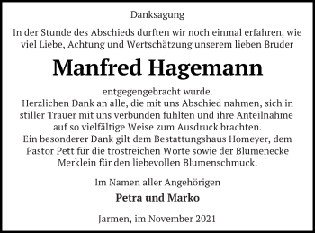 Traueranzeige von Manfred Hagemann von Vorpommern Kurier