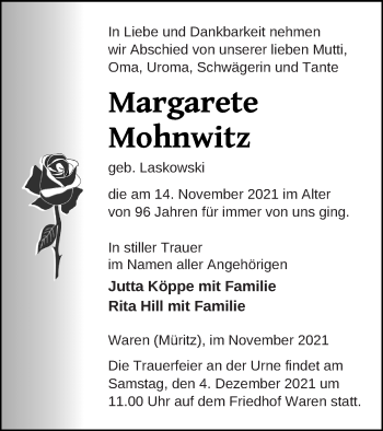 Traueranzeige von Margarete Mohnwitz von Müritz-Zeitung