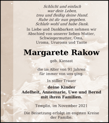 Traueranzeige von Margarete Rakow von Templiner Zeitung