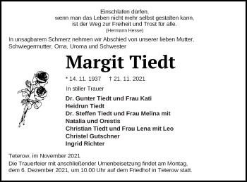 Traueranzeige von Margit Tiedt von Mecklenburger Schweiz