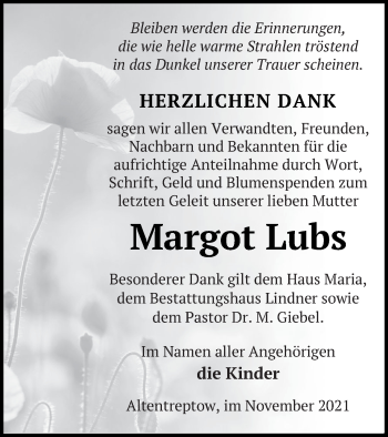 Traueranzeige von Margot Lubs von Neubrandenburger Zeitung