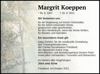 Traueranzeige von Margrit Koeppen von Neubrandenburger Zeitung