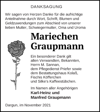 Traueranzeige von Mariechen Graupmann von Mecklenburger Schweiz