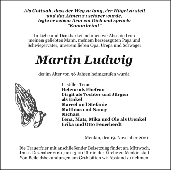 Traueranzeige von Martin Ludwig von Pasewalker Zeitung