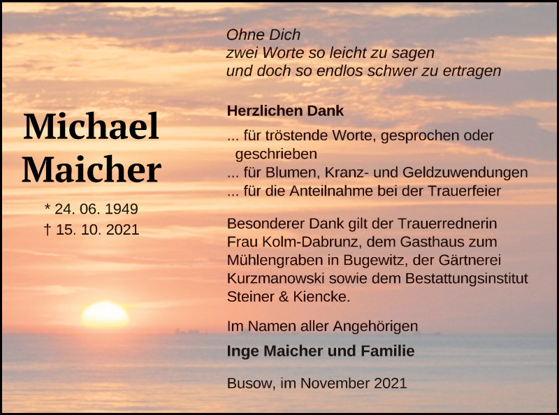  Traueranzeige für Michael Maicher vom 19.11.2021 aus Vorpommern Kurier