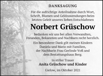 Traueranzeige von Norbert Grüschow von Mecklenburger Schweiz