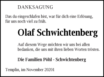 Traueranzeige von Olaf Schwichtenberg von Templiner Zeitung