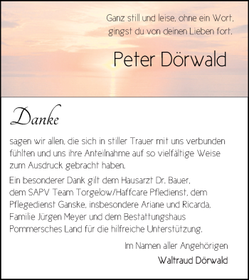 Traueranzeige von Peter Dörwald von Pasewalker Zeitung