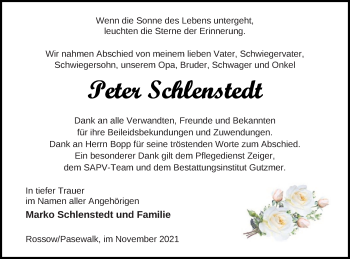 Traueranzeige von Peter Schlenstedt von Pasewalker Zeitung