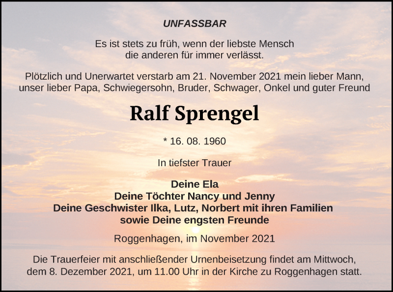  Traueranzeige für Ralf Sprengel vom 27.11.2021 aus Neubrandenburger Zeitung