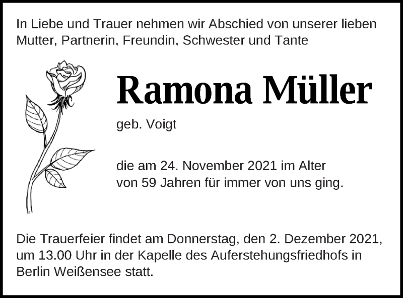 Traueranzeige für Ramona Müller vom 27.11.2021 aus Neubrandenburger Zeitung