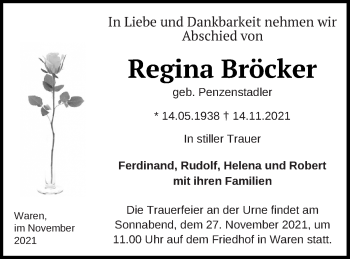 Traueranzeige von Regina Bröcker von Prenzlauer Zeitung