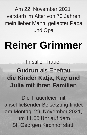 Traueranzeige von Reiner Grimmer von Templiner Zeitung