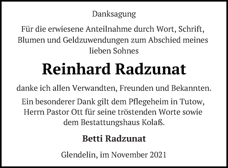  Traueranzeige für Reinhard Radzunat vom 16.11.2021 aus Demminer Zeitung