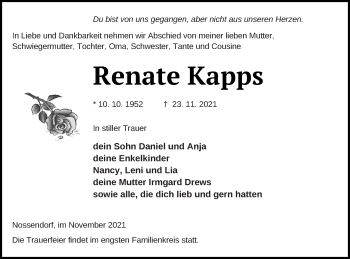 Traueranzeige von Renate Kapps von Demminer Zeitung