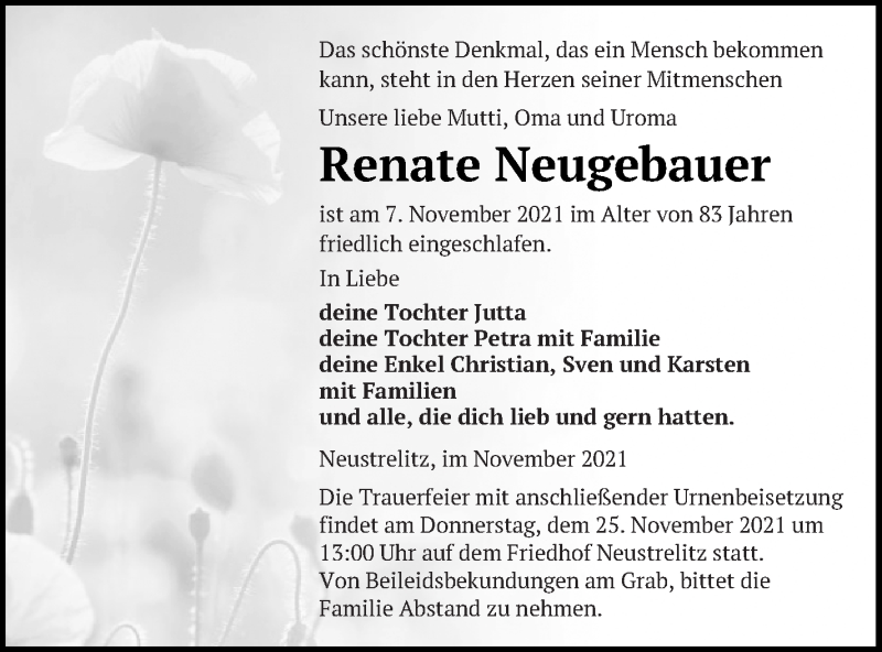  Traueranzeige für Renate Neugebauer vom 17.11.2021 aus Strelitzer Zeitung