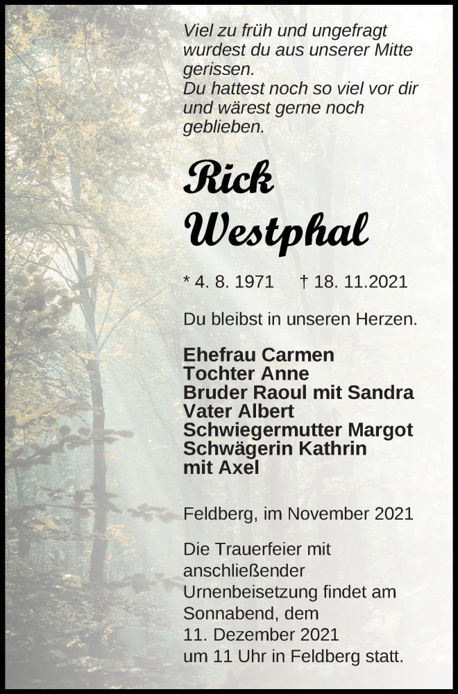  Traueranzeige für Rick Westphal vom 26.11.2021 aus Strelitzer Zeitung