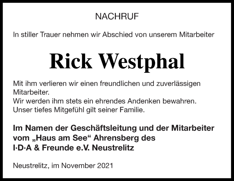  Traueranzeige für Rick Westphal vom 30.11.2021 aus Strelitzer Zeitung