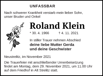 Traueranzeige von Roland Klein von Strelitzer Zeitung