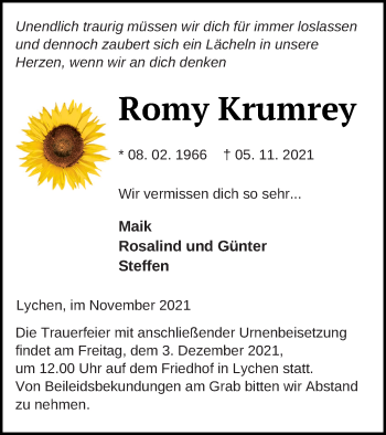 Traueranzeige von Romy Krumrey von Templiner Zeitung