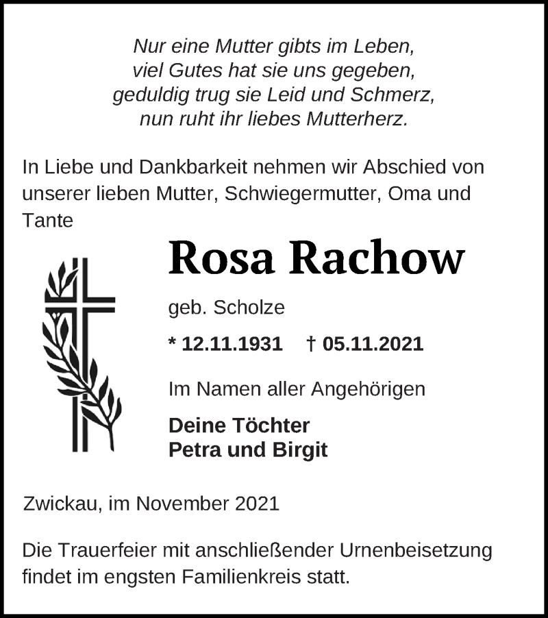  Traueranzeige für Rosa Rachow vom 13.11.2021 aus Mecklenburger Schweiz