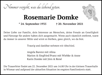 Traueranzeige von Rosemarie Domke von Neubrandenburger Zeitung