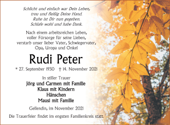 Traueranzeige von Rudi Peter von Vorpommern Kurier