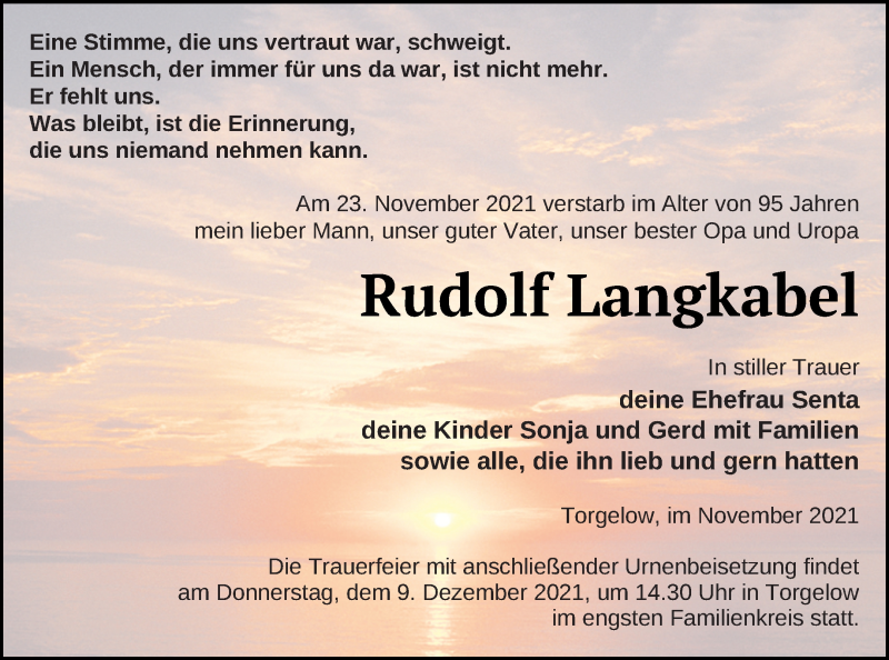  Traueranzeige für Rudolf Langkabel vom 27.11.2021 aus Haff-Zeitung