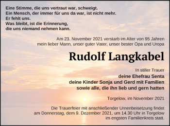 Traueranzeige von Rudolf Langkabel von Haff-Zeitung