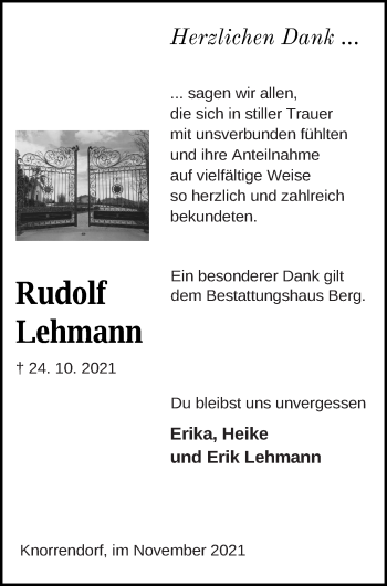 Traueranzeige von Rudolf Lehmann von Neubrandenburger Zeitung