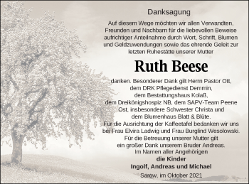 Traueranzeige von Ruth Beese von Vorpommern Kurier