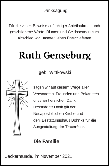 Traueranzeige von Ruth Genseburg von Haff-Zeitung