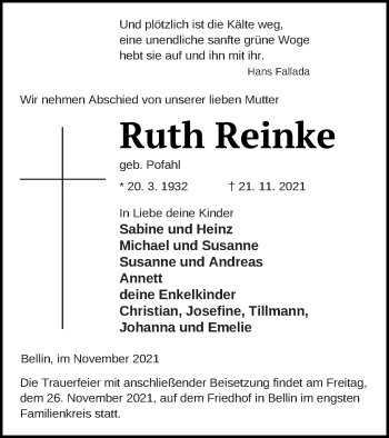 Traueranzeige von Ruth Reinke von Haff-Zeitung