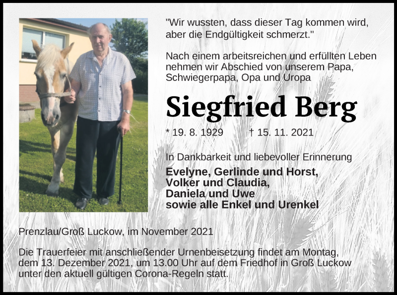  Traueranzeige für Siegfried Berg vom 24.11.2021 aus Pasewalker Zeitung