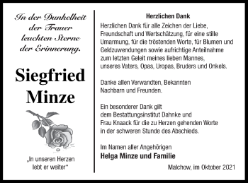 Traueranzeige von Siegfried Minze von Müritz-Zeitung