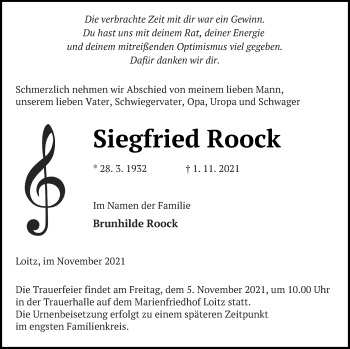 Traueranzeige von Siegfried Roock von Vorpommern Kurier