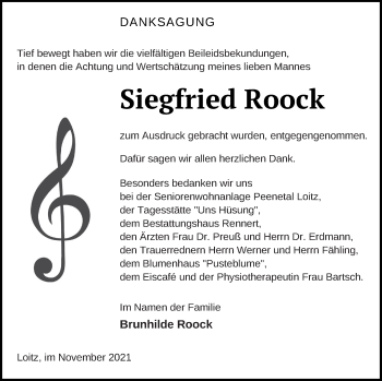 Traueranzeige von Siegfried Roock von Vorpommern Kurier