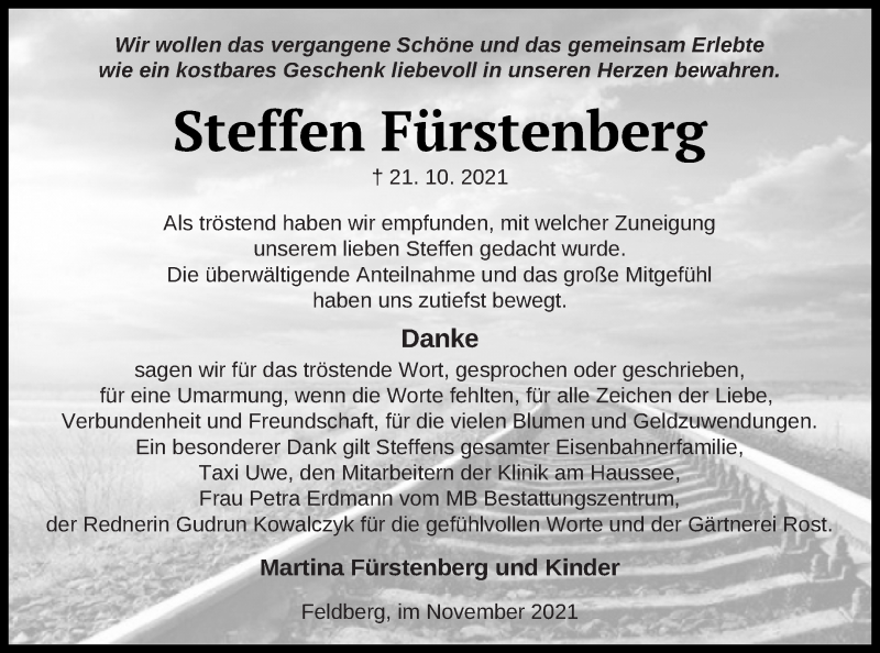  Traueranzeige für Steffen Fürstenberg vom 16.11.2021 aus Strelitzer Zeitung