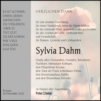 Traueranzeige von Sylvia Dahm von Templiner Zeitung