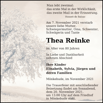 Traueranzeige von Thea Reinke von Haff-Zeitung