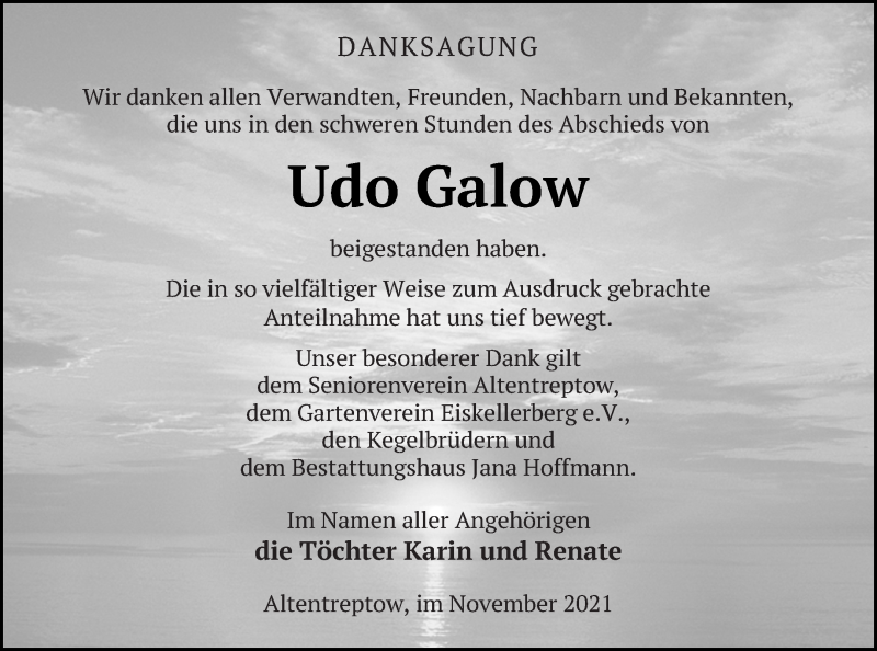  Traueranzeige für Udo Galow vom 19.11.2021 aus Neubrandenburger Zeitung