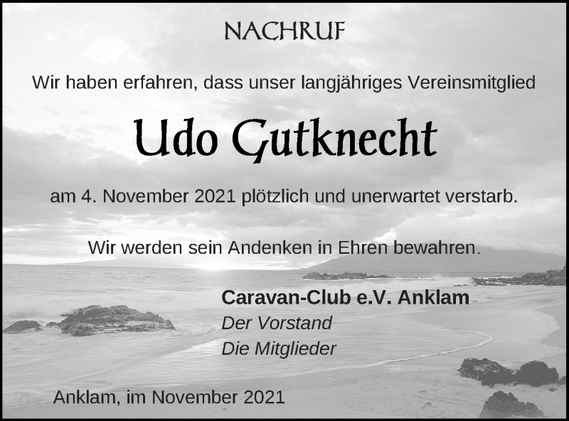  Traueranzeige für Udo Gutknecht vom 19.11.2021 aus Vorpommern Kurier