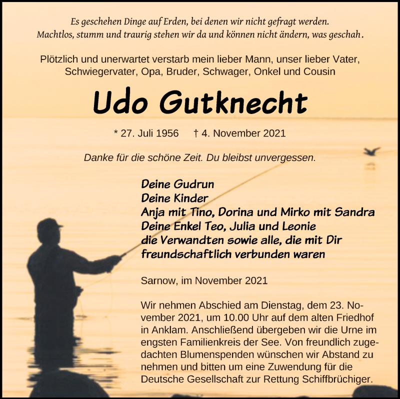  Traueranzeige für Udo Gutknecht vom 13.11.2021 aus Vorpommern Kurier